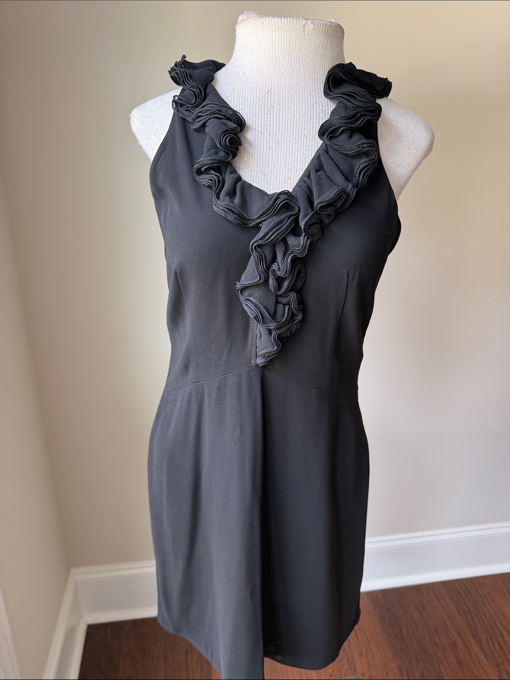 Elie Tahari Black Ruffle-Trim V-Neck Mini Dress